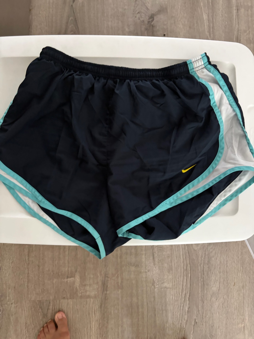Nike Women's Dark Navy Swim Shorts with Teal Trim and Yellow Swoosh